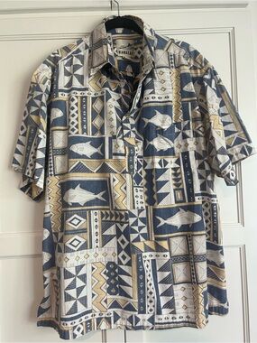 Kahala Blue & Cream Fish-Print Short-Sleeve Button-Down Shirt